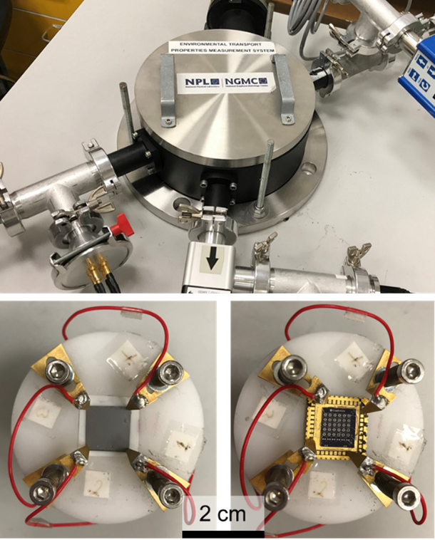 Measurement chamber. Sample holder probing a continuous conductive film and a microscale device on a chip. The electrical contacts of the microscale device are extended to a chip carrier via wire bonding.
