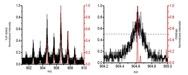 Comparison of resolving power of ToF MS (black) and Orbitrap MS (red) for intact lipids from mouse hippocampus. Negative ion mass spectra between m/z 902 – m/z 910 (red = Orbitrap MS (mode 2), black = ToF MS (mode 1)) and Detail of spectra between m/z 904.2 – m/z 905.0.
