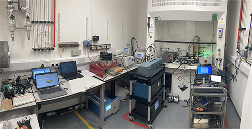 Laboratory facility at NPL constructed for EMPIR AeroTox campaign and characterisation of soot generator (miniCAST) and Organic Coating Unit (OCU). Instrumentation used in campaign: Nano Aerosol Chamber In-Vitro Toxicity (NACIVT), Condensation Particle Counter (CPC), Scanning Mobility Particle Sizer (SMPS), Aethalometers AE33 and AE22, Nephelometer and Tapered Element Oscillating Microbalance (TEOM).