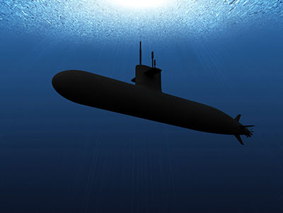 Illustration showing how water blocks GPS signals, highlighting the challenge of underwater navigation using satellite systems