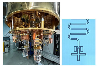 Superconducting quantum computer in a dilution refrigerator with a schematic of qubit operation