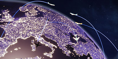 Aircraft in flight representing autonomous navigation using quantum positioning, navigation and timing technologies