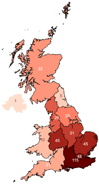 Diagram of the UK with varying shades of red to demonstrate regional distribution of our regularly supported firms. Dark red in the south east of the UK and London, graduating to a lighter red in the Midlands and a pale pink for Scotland, Wales and the South West of England. Northern Ireland and the North East are the palest shade.